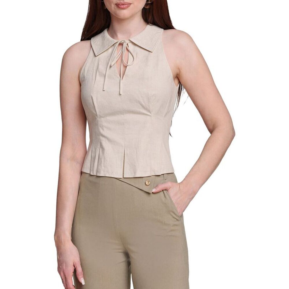 Avec Les Filles Womens  Front Tie Linen-Blend Top